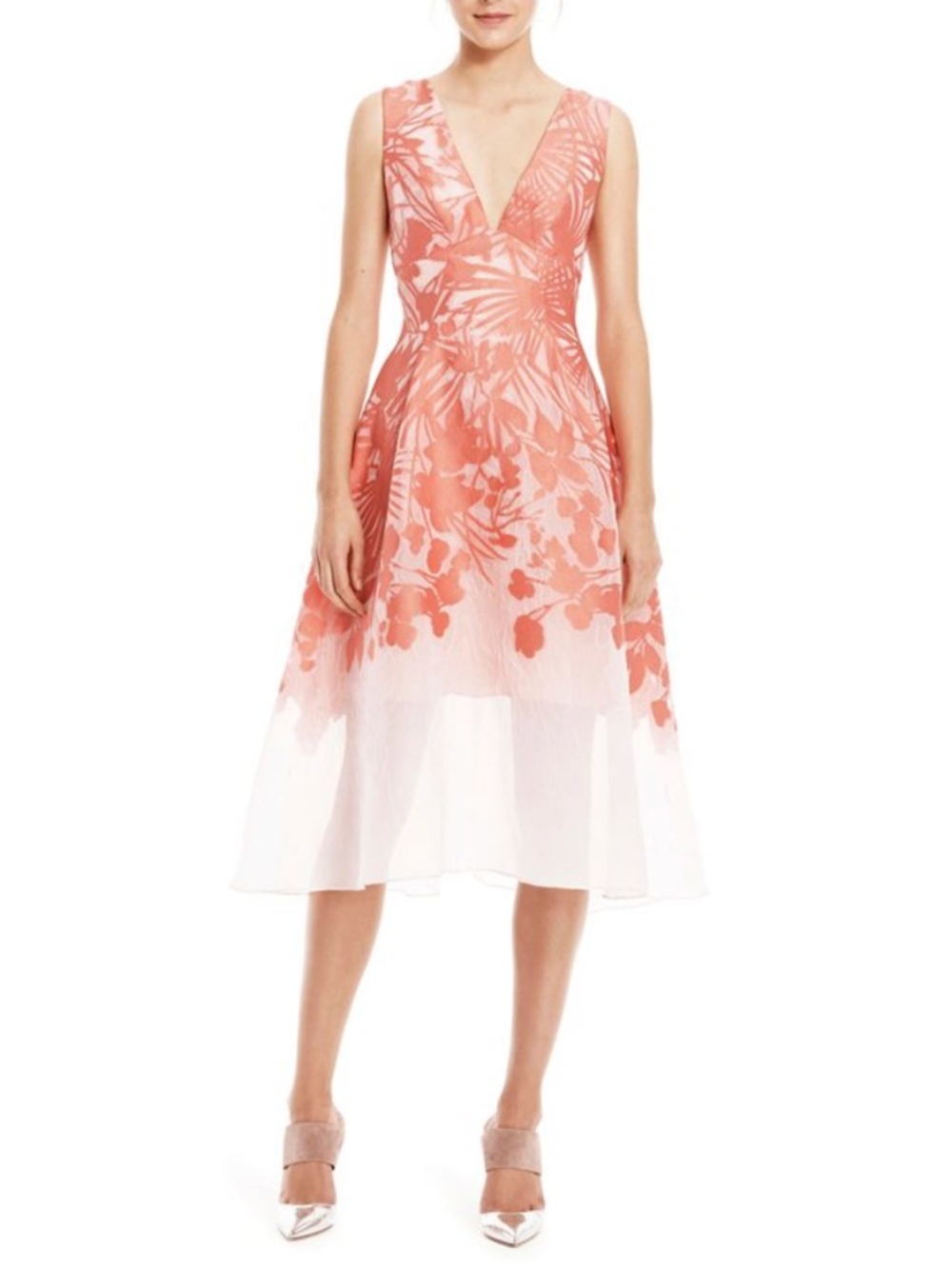 Lela Rose Pink and Coral Floral V-Neck Organza Silk Blend Midi Dress Size 4